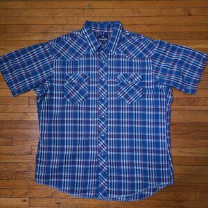 Men - "Wrangler" Western Wear Blue Plaid Button Up Short Sleeve